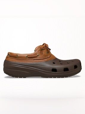 Crocs Women’s Two-Tone Brown Leather-Trim Deck Clog